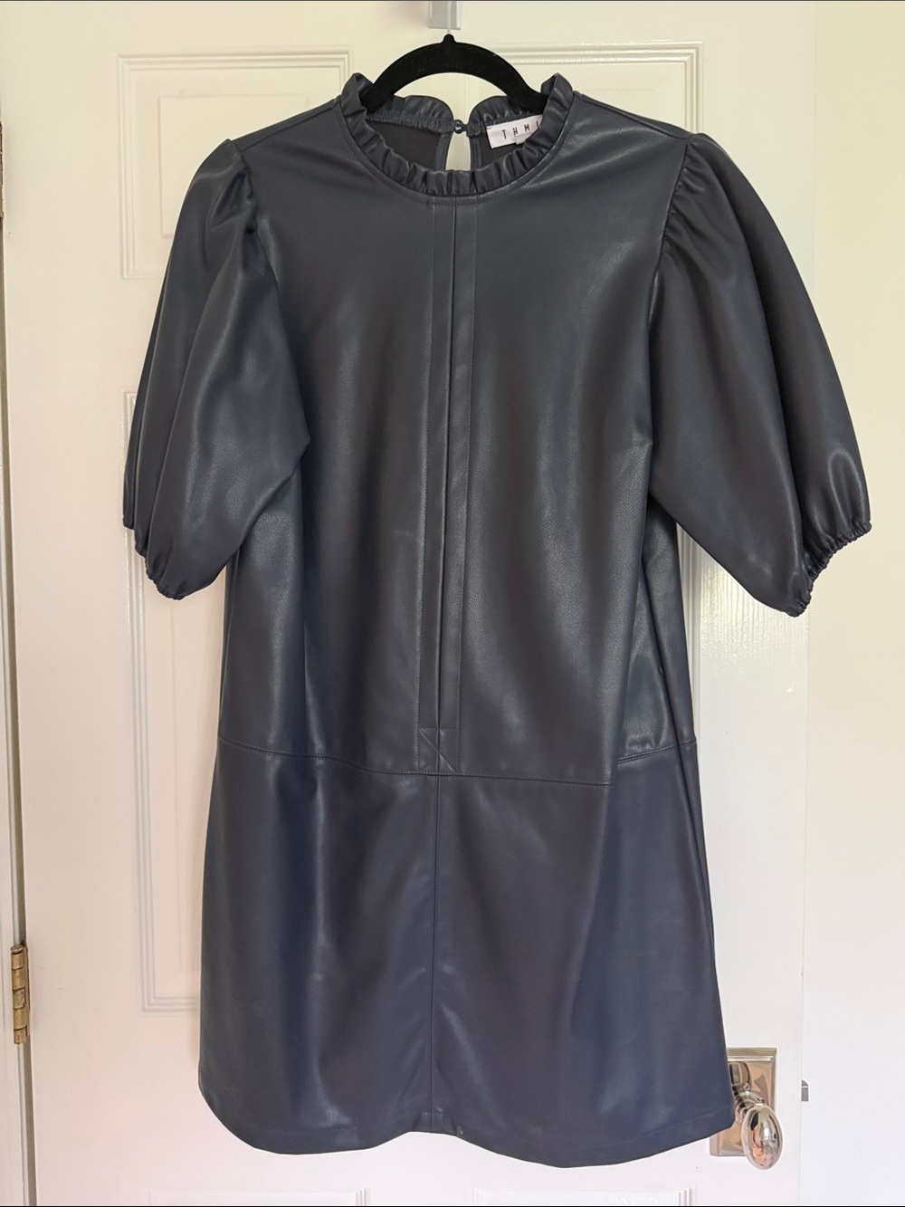 Faux Leather Puff-Sleeve Mini Dress - Navy